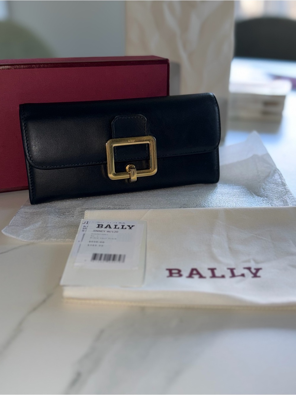 Bally JINNEY Black Leather Wallet with Gold Buckle